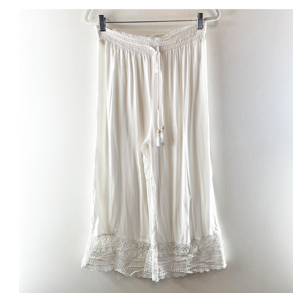 GOA Beachwear by Japna High Rise Wide Leg Crochet Trim Beach Pants White Large